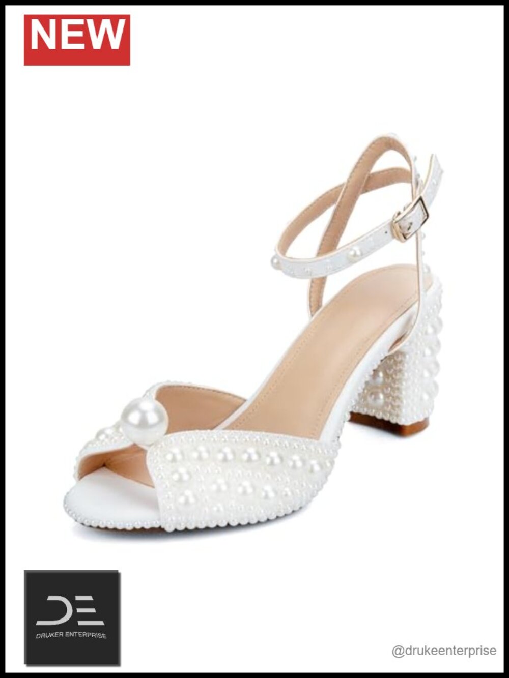 Pearl Embellished Heeled Sandals Women Block Heel 7cm White Party